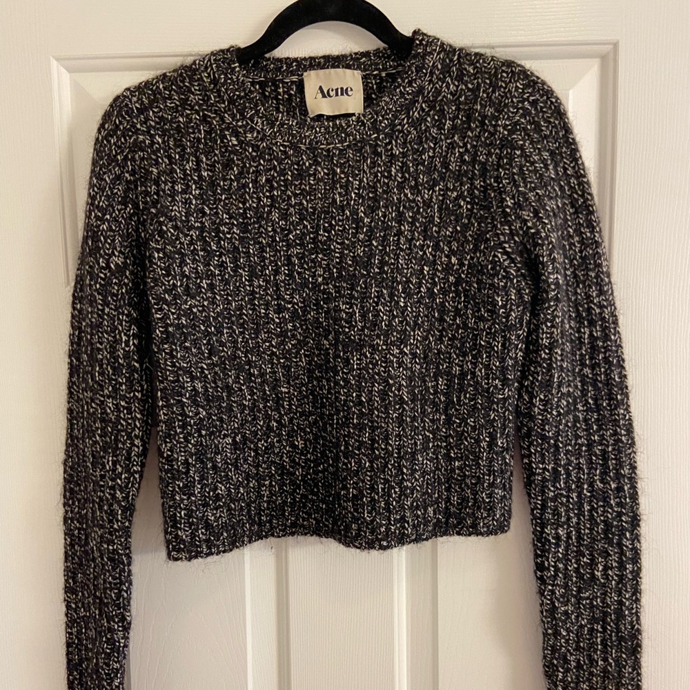 Acne Chunky Knit Crewneck Sweater in Black and White Marled